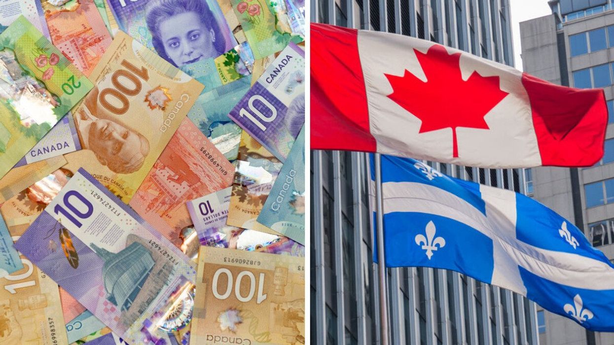 Des billets d'argent étalés sur une surface plane. Droite : un drapeau du Canada et du Québec devant un édifice à bureaux.