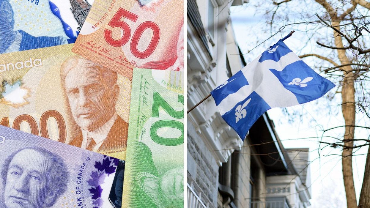 Des billets d'argent étalés sur une surface plane. Droite : Un drapeau du Québec en berne.