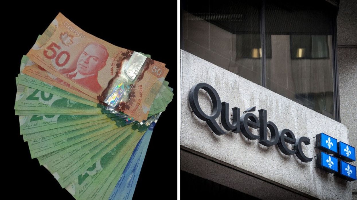 Des billets d'argent placés en éventail. Droite : le logo du gouvernement du Québec.
