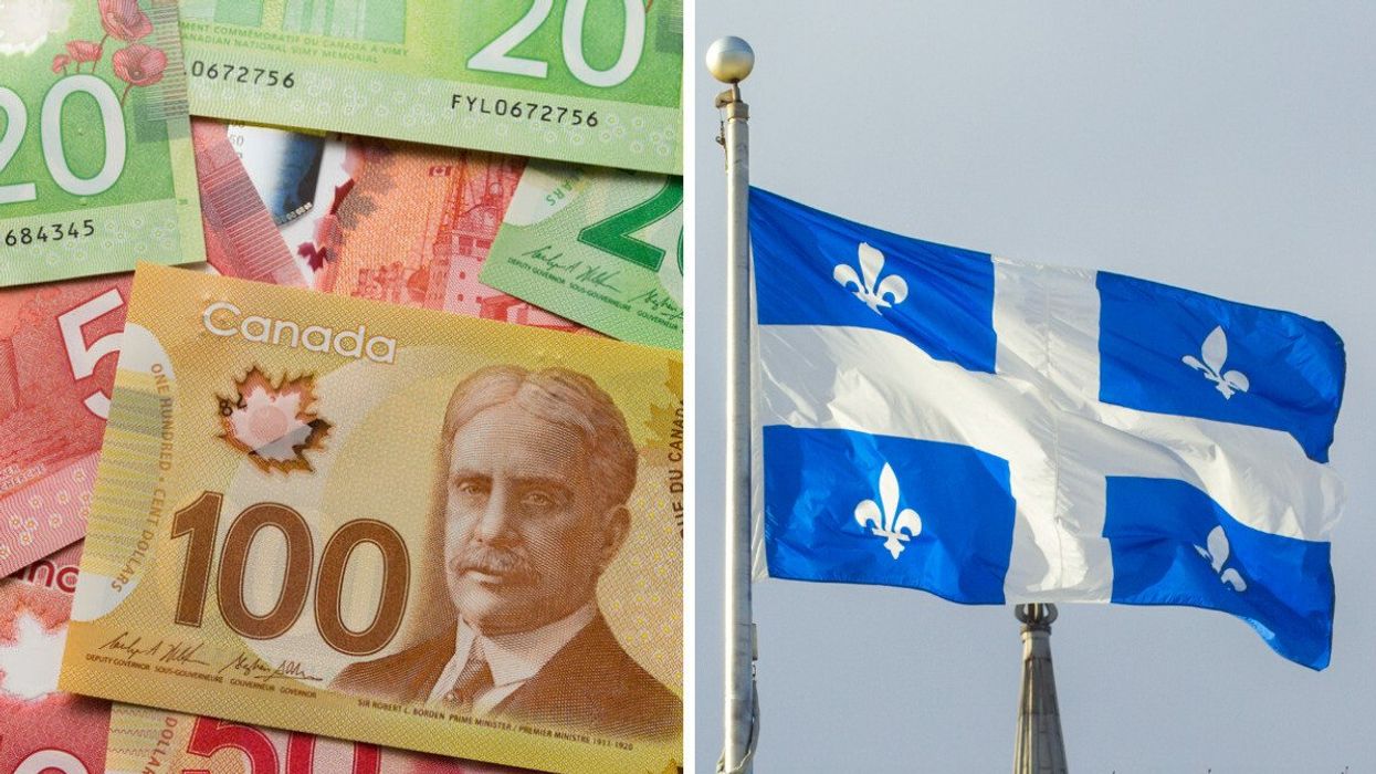 Des billets de 100 $, 50 $ et 20 $ étalés sur une surface plane. Droite : un drapeau du Québec.