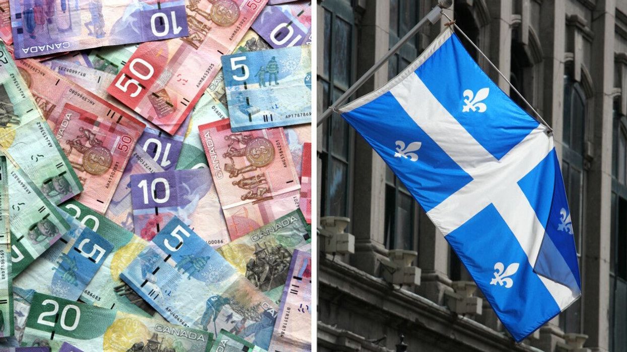 Des billets de 50 $, 20 $, 10 $ et 5 $ éparpillés sur une surface plane. Droite : le drapeau du Québec sur un édifice.