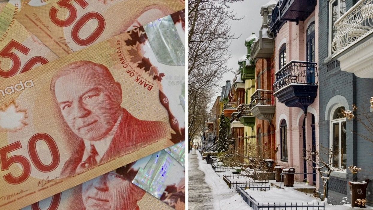 Des billets de 50 $ étalés sur une surface plane. Droite : des logements en rangée dans une rue enneigée à Montréal.