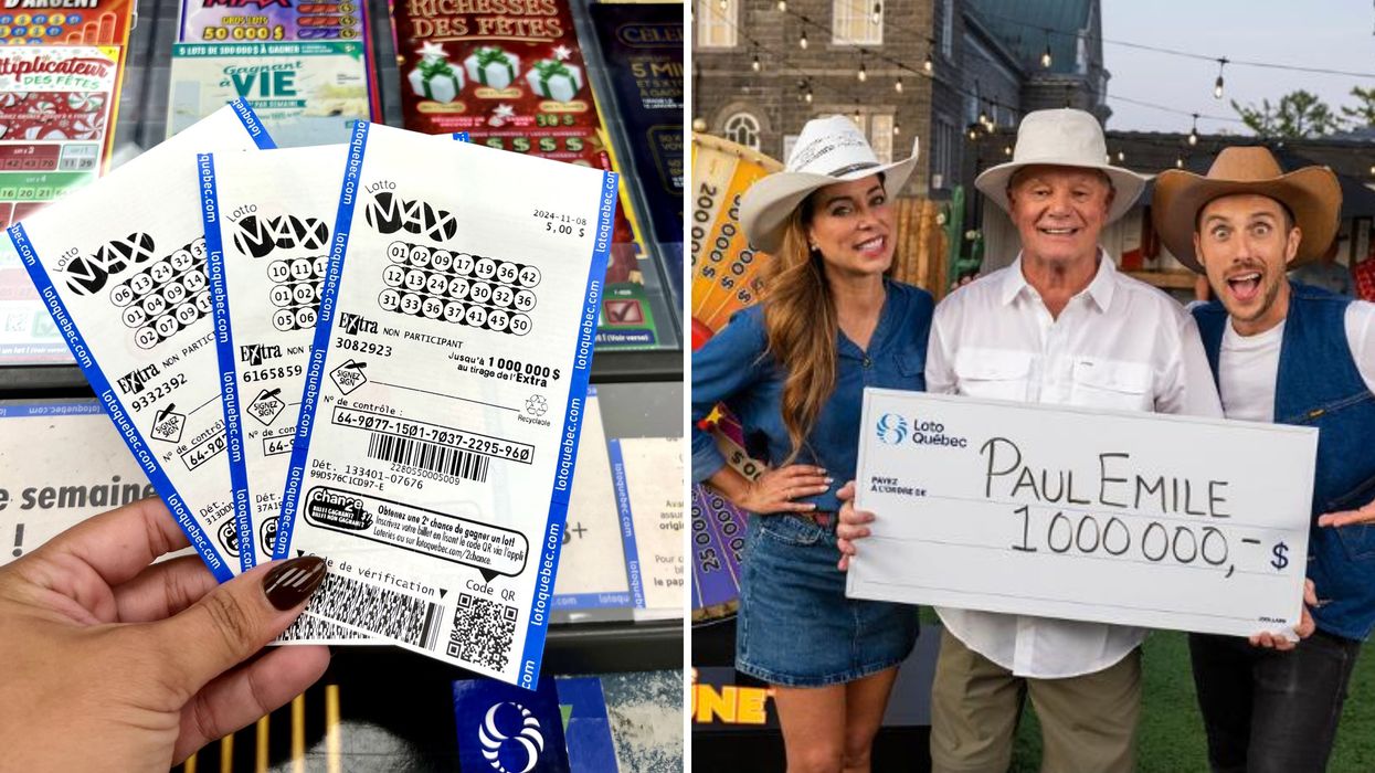 Des billets de loterie. Droite : un gagnant de Loto-Québec