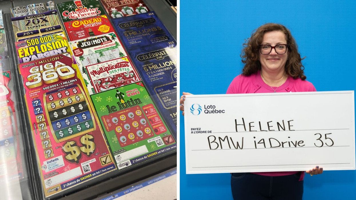 Des billets de loteries à gratter. Droite : Une gagnante au tirage Célébration de Loto-Québec.