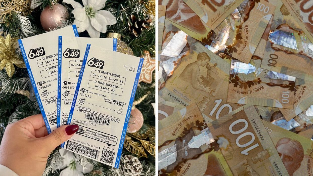 Des billets du Lotto 6/49 dans une main devant un sapin de Noël. Droite : des billets de 100 $ étalés sur une surface plane.