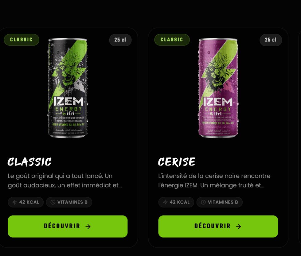 Des boissons \u00e9nergisantes de marque Izem Energy.