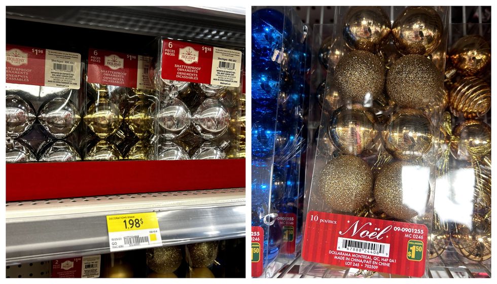 Des boites de boules de No\u00ebl \u00e0 effet m\u00e9tallique dor\u00e9es et argent\u00e9es. Droite : Une boite de boules de No\u00ebl \u00e0 effet m\u00e9tallique et scintillant dor\u00e9es.