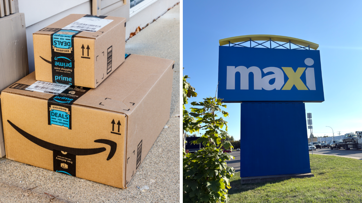 Des boîtes de livraison Amazon. Droite : La pancarte d'un Maxi.