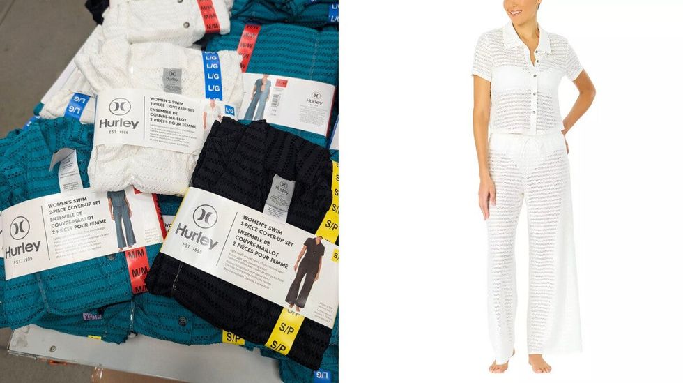 Des cache-maillots color\u00e9s de marque Hurley dans le rayon des v\u00eatements chez Costco. Droite : une mannequin qui porte un cache-maillot blanc.