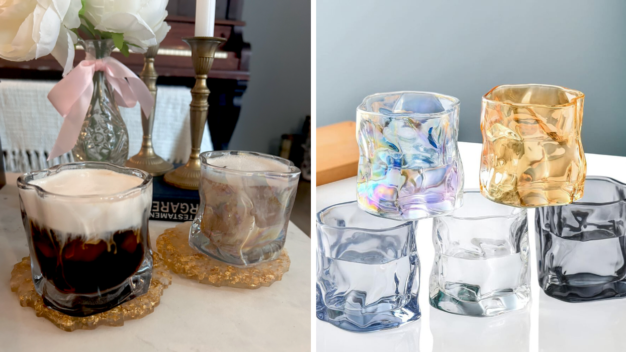Des cafés dans des verres trouvés au Dollarama. Droite : Des verres asymétriques vendus sur Amazon Canada.