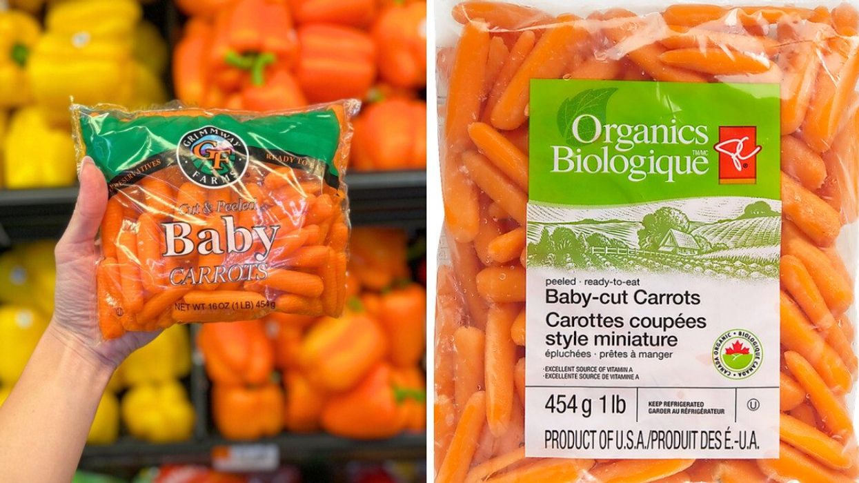 Des carottes de la marque Grimmway Farms. Droite : Des carottes biologiques Le Choix du Président.