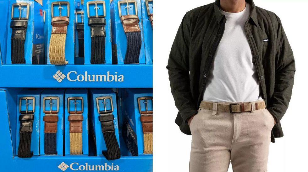 Des ceintures noires, bleues et beiges dans le rayon des v\u00eatements chez Costco. Droite : mannequin qui porte le mod\u00e8le beige.