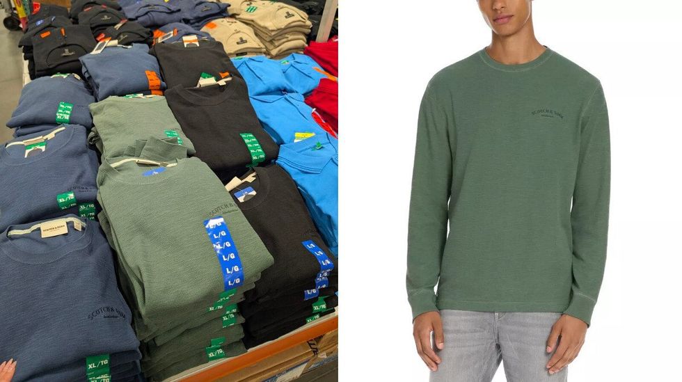 Des chandails bleus, verts et noirs dans le rayon des v\u00eatements chez Costco. Droite : mannequin qui porte le mod\u00e8le vert.