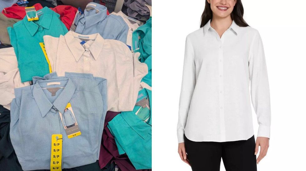 Des chemises en lin color\u00e9es de marque Ted Baker dans le rayon des v\u00eatements chez Costco. Droite : une mannequin qui porte une chemise blanche en lin.