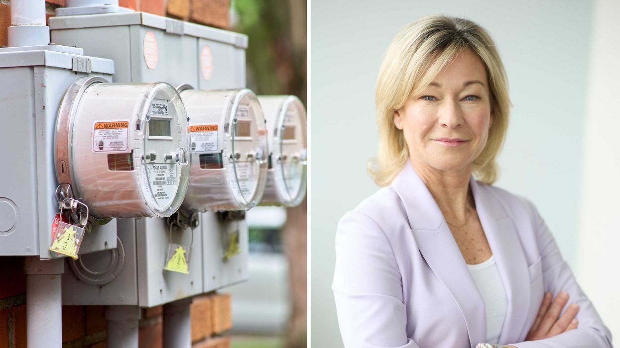 Des compteurs d'électricité. Droite : Claudine Bouchard, PDG d'Hydro-Québec.