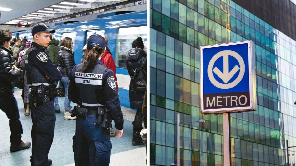Des constables de la STM. À Droite : Une entrée de métro de la STM.