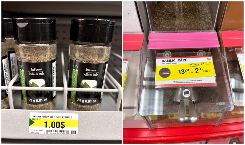 Des contenants de basilic sur les tablettes du Dollarama. Droite : Le contenant de basilic du Bulk Barn.