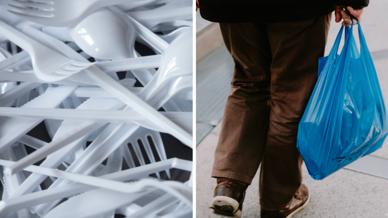 Des couverts en plastique. Droite : Un sac en plastique.