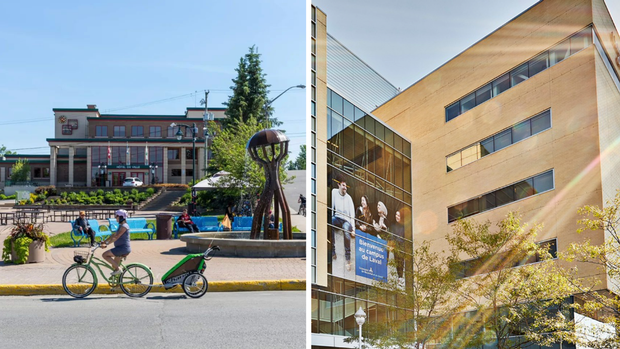 Des cyclistes et des résident.es de la ville de Rouyn-Noranda à l'extérieur. Droite : Campus de l'Université de Montréal à Laval.