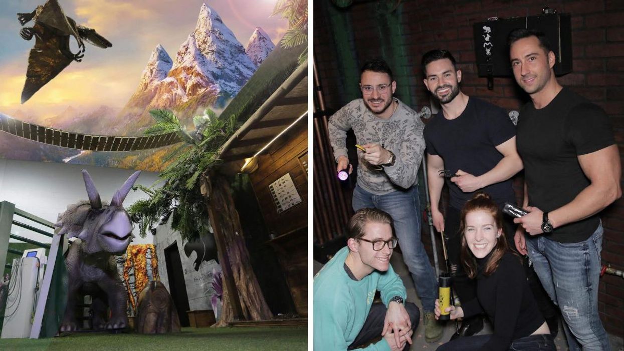 Des décorations à l'intérieur de l'Escaparium à Laval. Droite : Un groupe de personnes pose à l'Escaparium.