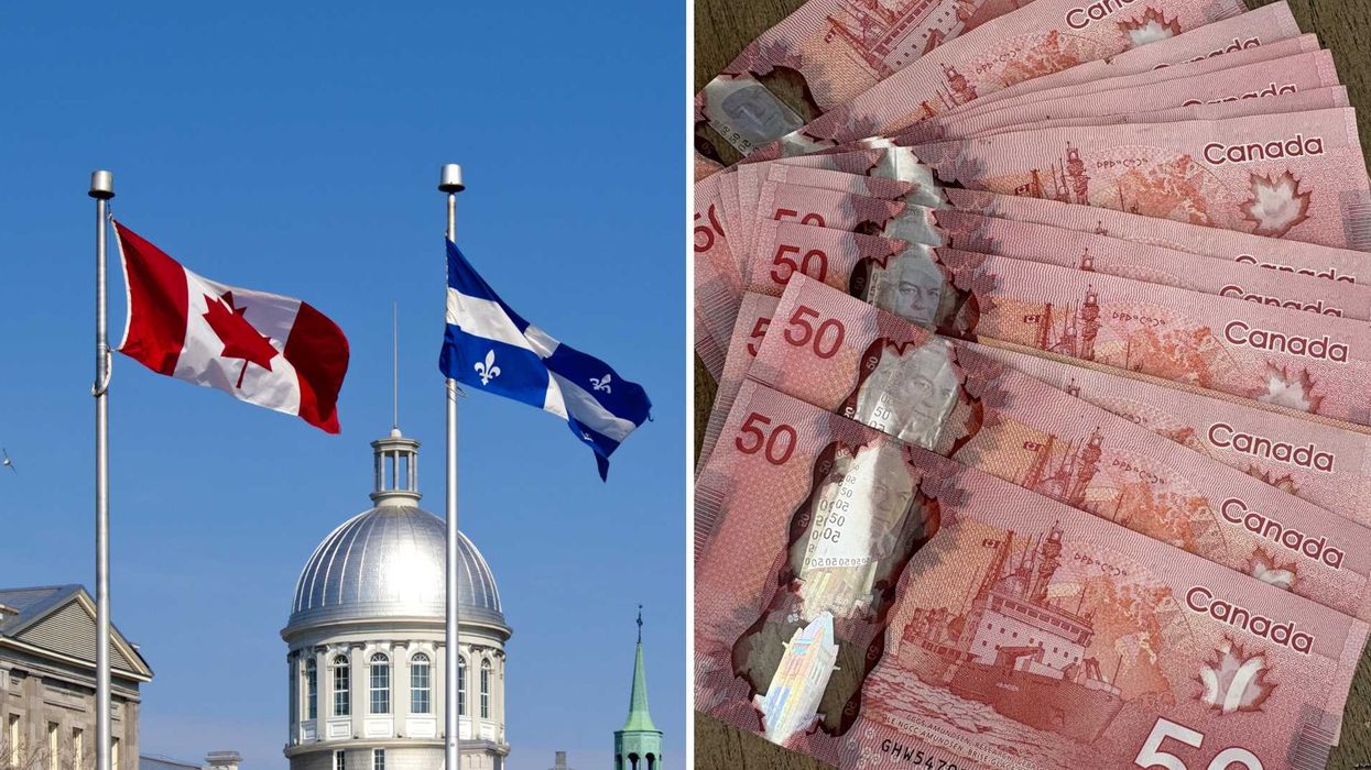 Des drapeaux canadien et québécois. Droite : de l'argent canadien.