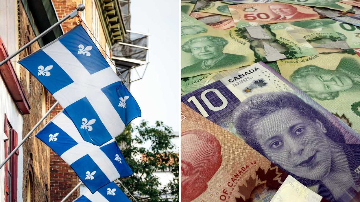 Des drapeaux du Québec. Droite : de l’argent canadien.