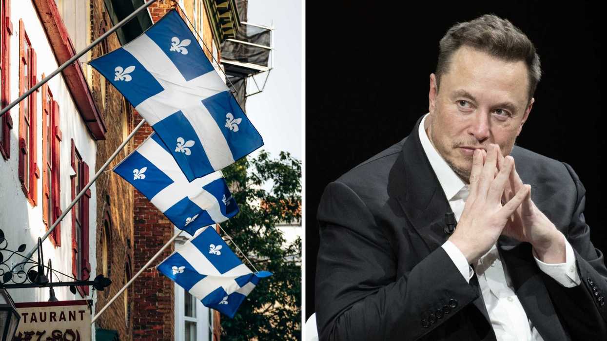 Des drapeaux du Québec. Droite : Elon Musk.