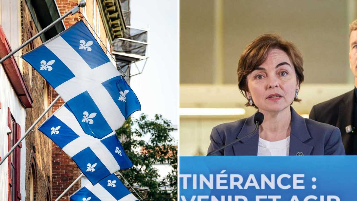 Des drapeaux du Québec. Droite : la première ministre du Québec, Christine Fréchette.