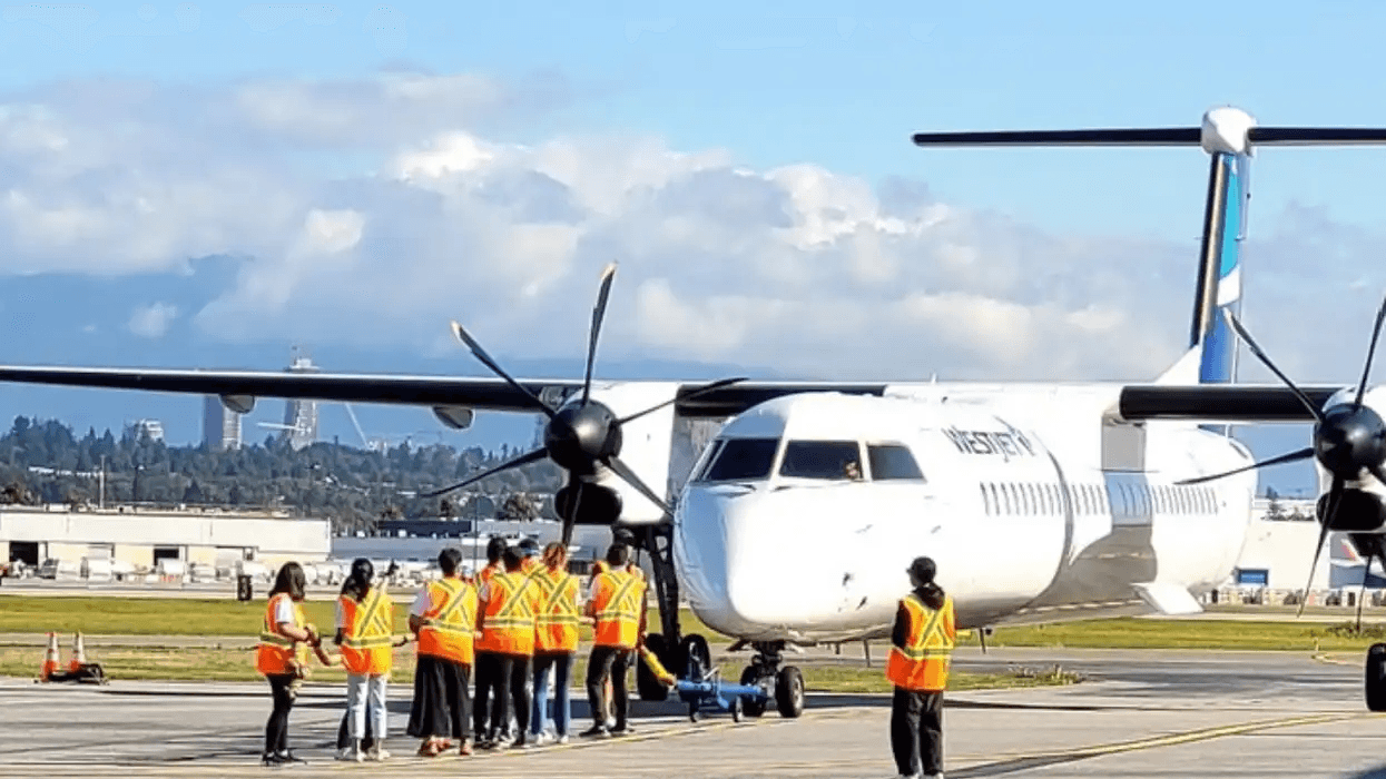 Des employés d'aéroport devant un avion.