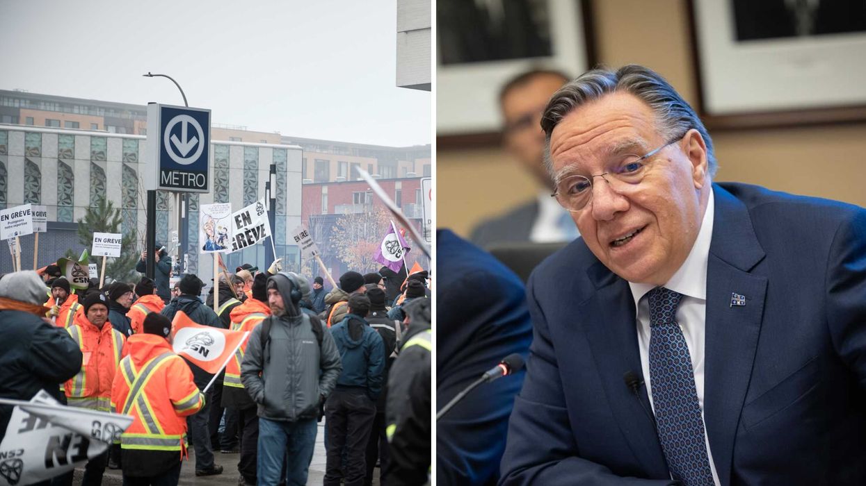 Des employés d'entretien de la STM en grève. Droite : François Legault.