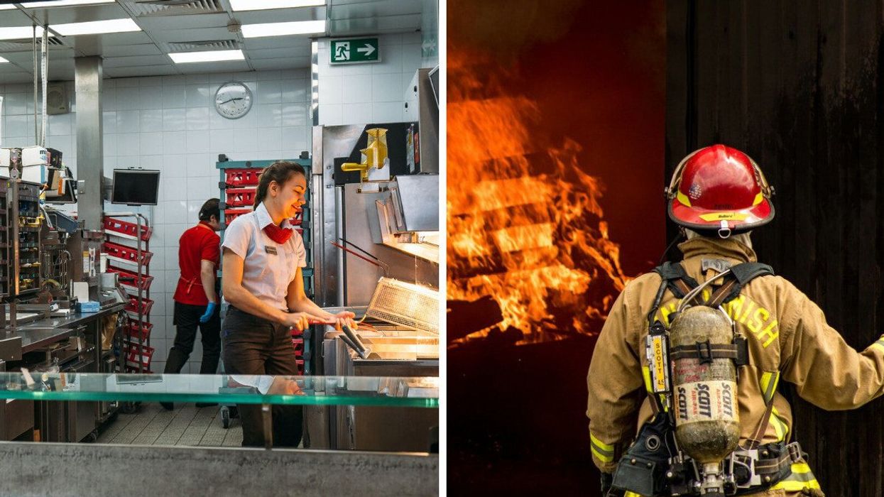 Des employés dans une cuisine de restauration rapide. Droite : Un pompier devant les flammes.