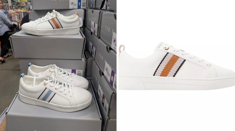Des espadrilles pour femme blanches de marque Ted Baker vendues dans le rayon des v\u00eatements chez Costco. Droite : un soulier blanc avec logo tan sur fond blanc.