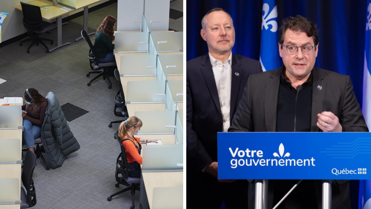 Des étudiantes. Droite : Bernard Drainville.