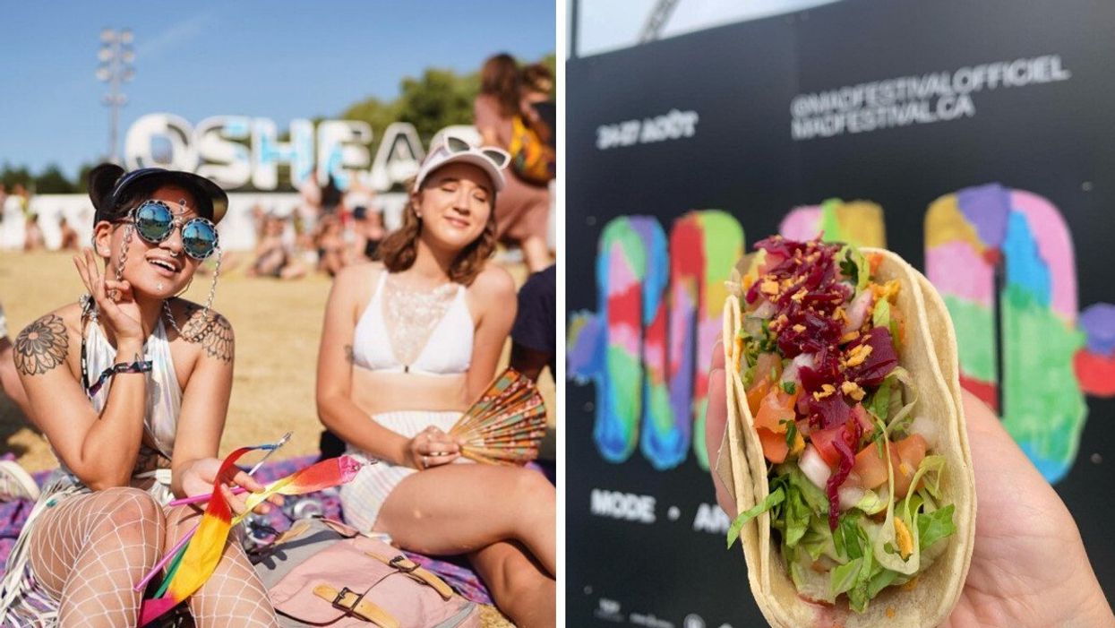 Des festivalières à Osheaga. Droite : Un taco végane du food truck Mi Corazon.