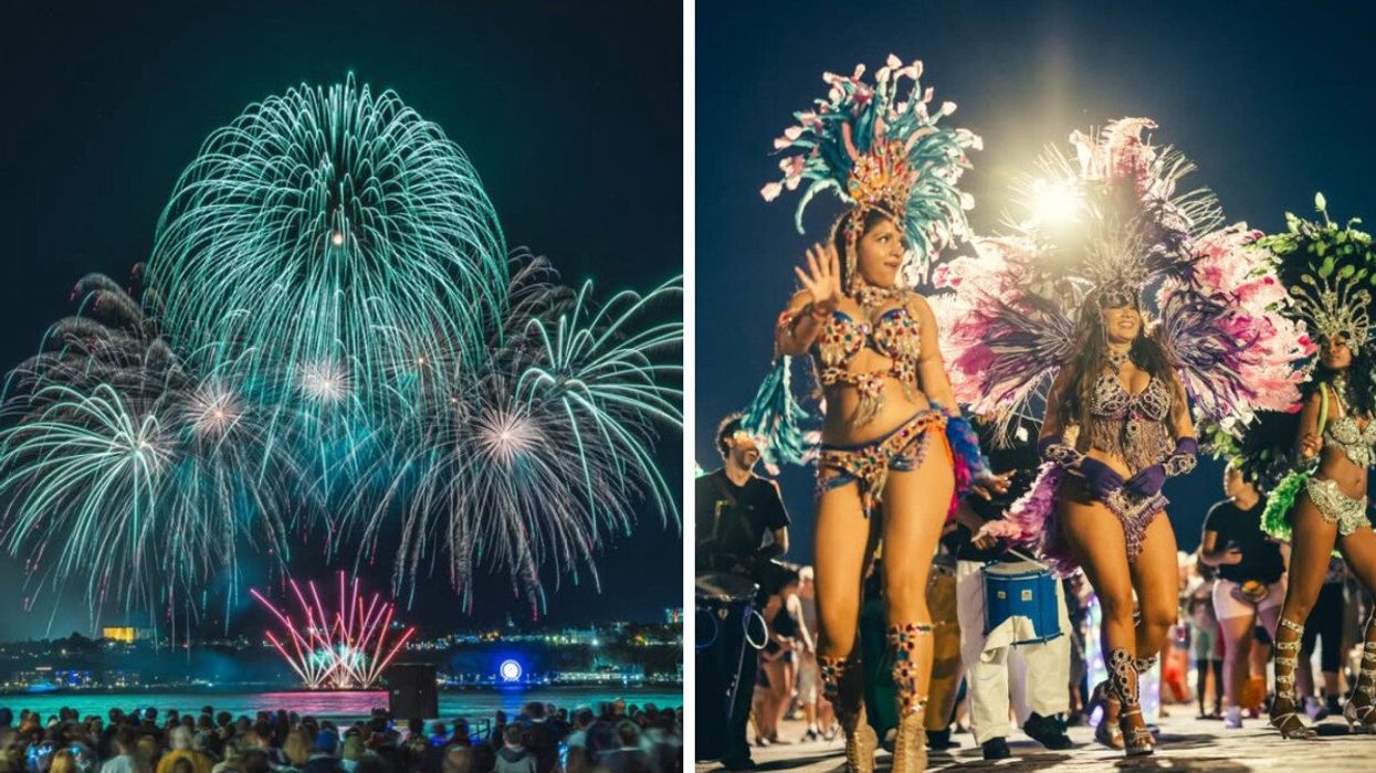 Des feux d'artifice. Droite : Un carnaval.