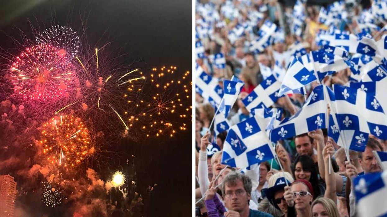 Des feux d'artifice. Droite : Une foule pendant la fête nationale du Québec avec leurs drapeaux.