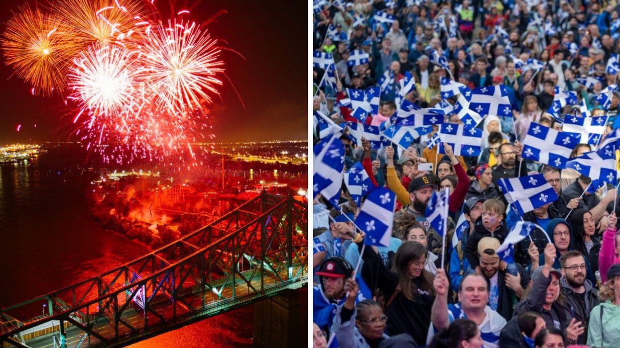 Des feux d'artifices. Droite : Les Québécois célèbrent la Fête nationale avec des drapeaux du Québec.