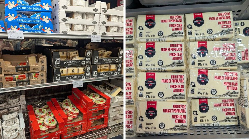 Des fromages de diff\u00e9rentes marques et vari\u00e9t\u00e9s vendus dans la section des fromages chez Costco. Droite : des paquets de fromage Gouda Le Populaire de Bergeron.