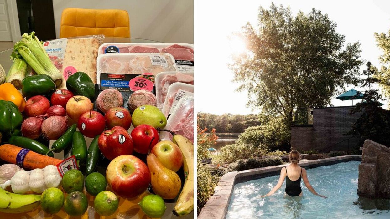 Des fruits et légumes et des paquets de viandes sont étalés sur une table. Droite : une personne de dos prend un bain en nature au spa.