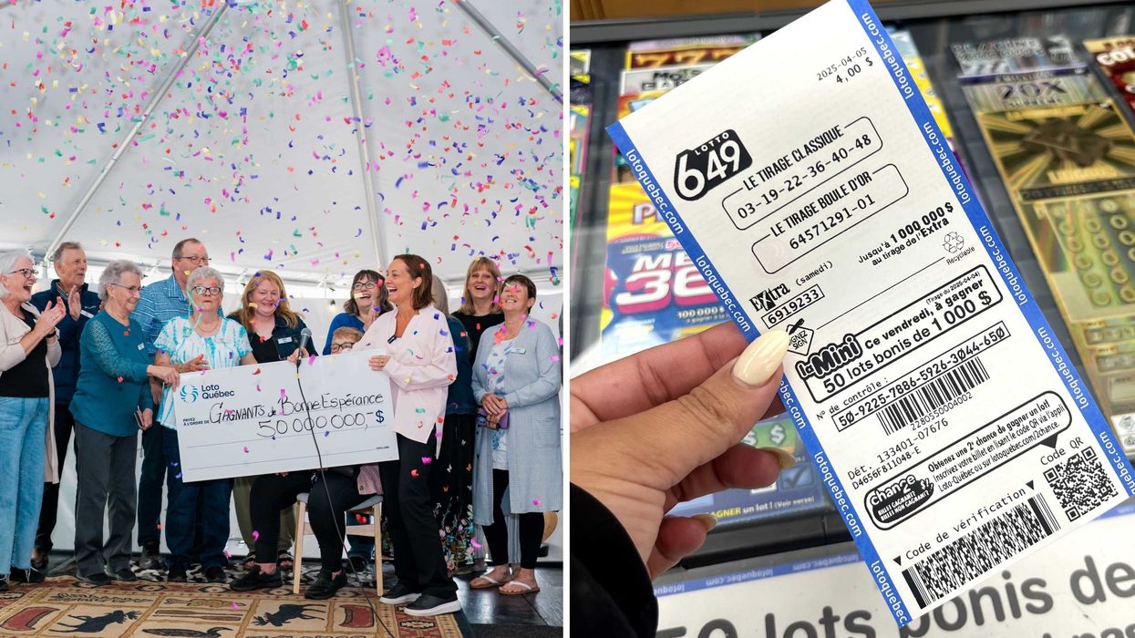 Des gagnants de Loto-Québec. Droite : un billet de loterie.