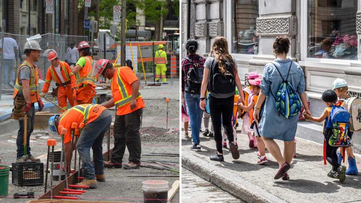 Des gars de la construction. Droite : des éducatrices et des enfants.