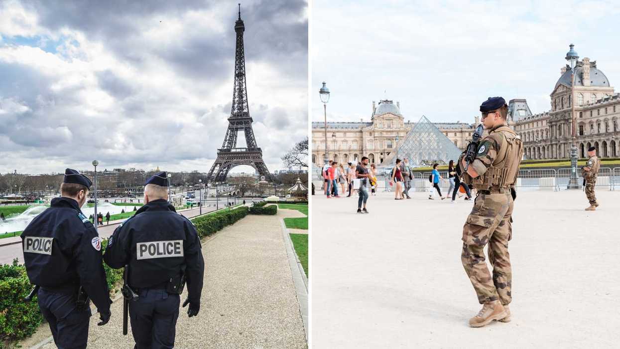 Des gendarmes, à Paris. Droite : un soldat français.
