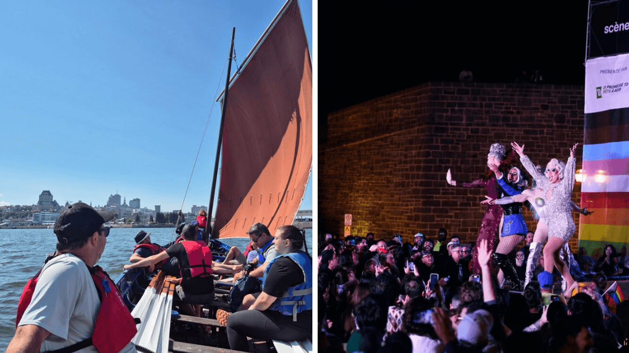 Des gens à bord d'une yole de Bantry. Droite : Le spectacle de la Fierté de Québec.