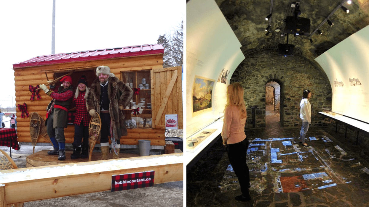 Des gens à la cabane à sucre. Droite : Des gens à une exposition.