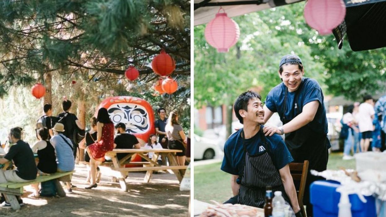 Des gens assis à des tables au Festival Yatai Mtl. Droite : Deux hommes au festival.