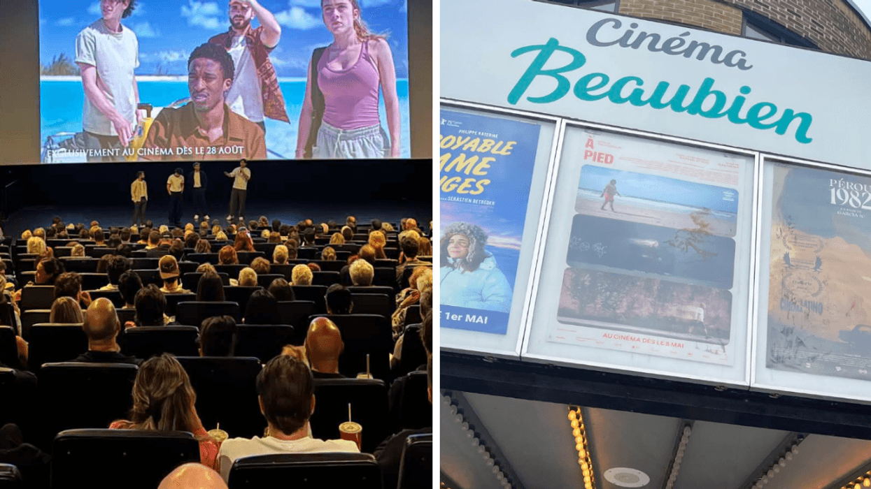 Des gens assis dans une salle de cinéma au Québec, Droite : La façade d'un cinéma à Montréal.