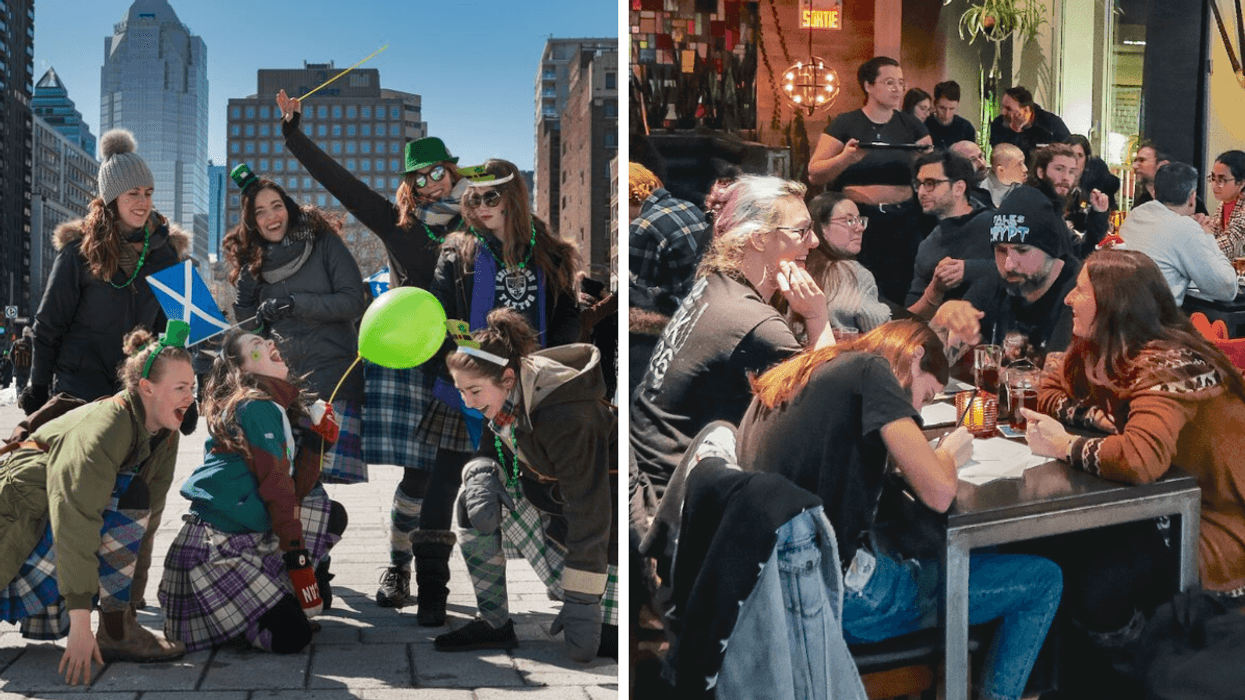 Des gens au Défilé de la Saint-Patrick. Droite : Un groupe qui participe à un quiz.