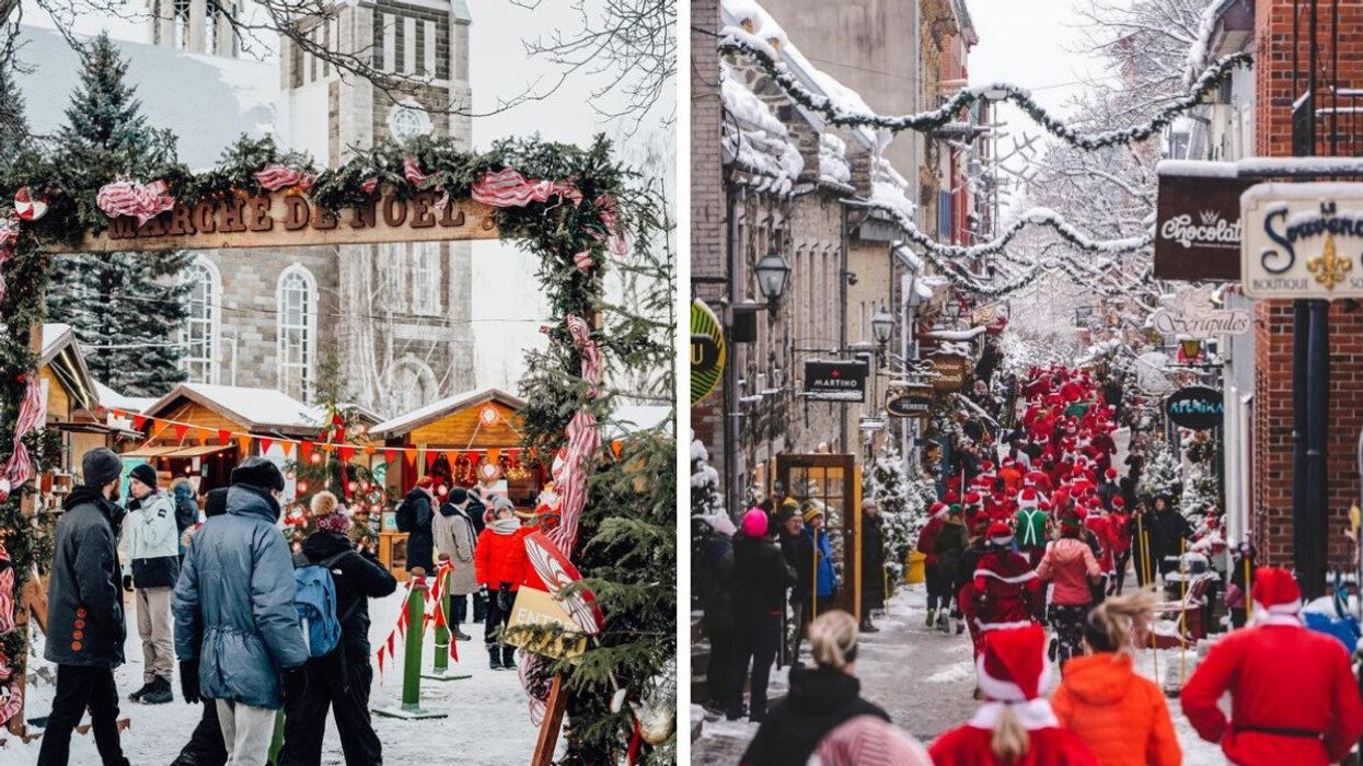 Des gens au marché de Noël de Baie-Saint-Paul. Droite: La course des pères Noël du quartier Petit Champlain