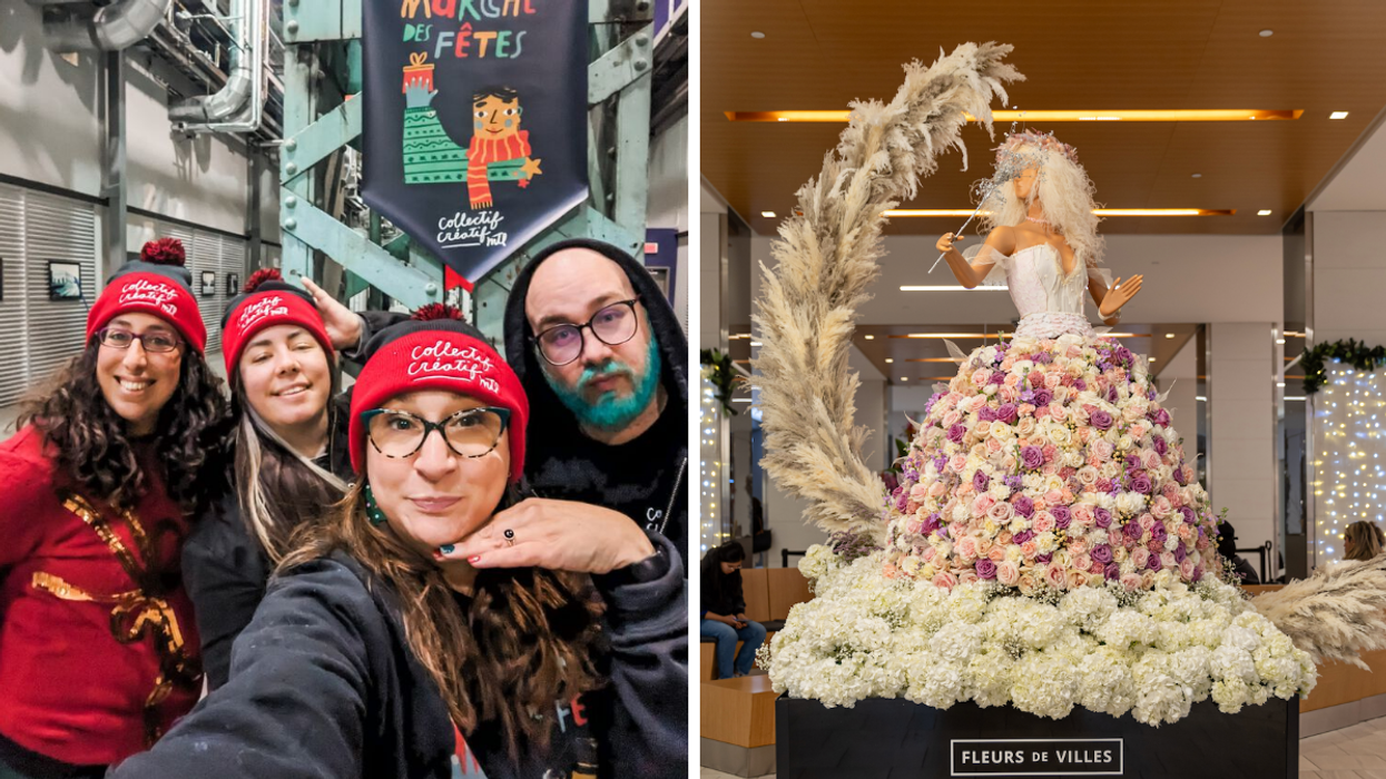 Des gens au Marché des Fêtes au Locoshop Angus. Droite : La sculpture La Nuit Étoilé de Fleurs de Villes.