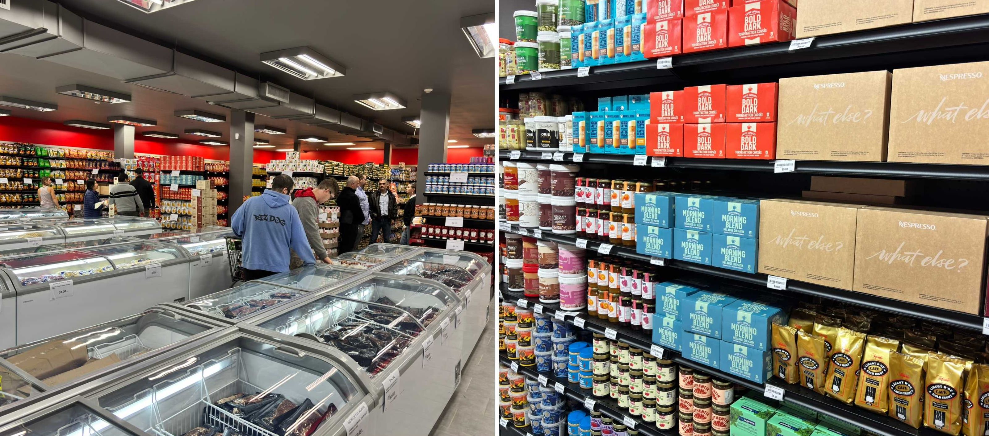 Des gens dans un Liquidation Marie. Droite : une s\u00e9lection de caf\u00e9s en capsule.